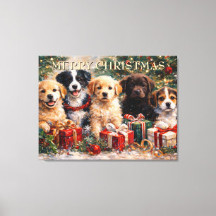 Lienzo Cachorros de Navidad con regalos bajo el árbol dec