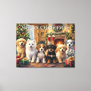 Lienzo Cachorros de Navidad junto a la chimenea y árbol d