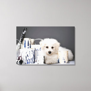 Lienzo Cachorros sentados entre latas de pintura