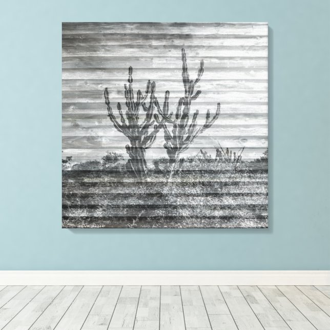Lienzo Cactus Plants On Wood Planks Black And White Photo (Insitu (piso de madera))