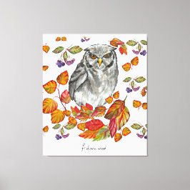 Lienzo Cae una hermosa lechuza y hojas