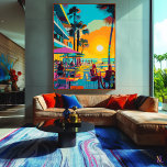 Lienzo Café pop art frente al mar al atardecer<br><div class="desc">Relájese en la energía de una velada tropical con este atrevido arte pop que cuenta con una cafetería frente a la playa al atardecer. Los colores vivos y el estilo retro reflejan la esencia del ocio costero y el encanto tropical. Perfecto para los amantes del pop art, de las vibraciones...</div>