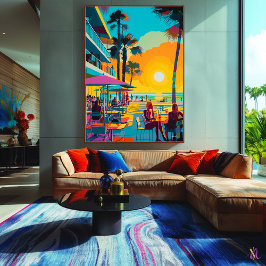 Lienzo Café pop art frente al mar al atardecer