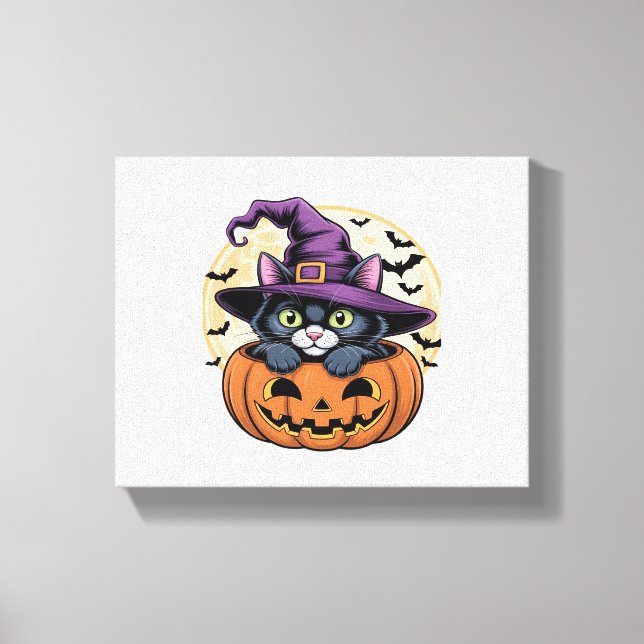 Lienzo Calabaza de Halloween Gato negro camiseta sobredim (Anverso)