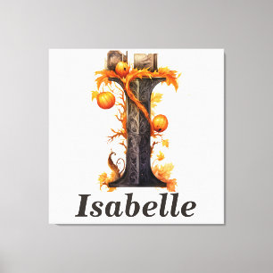 Lienzo Calabaza Halloween Letra I Monograma floral