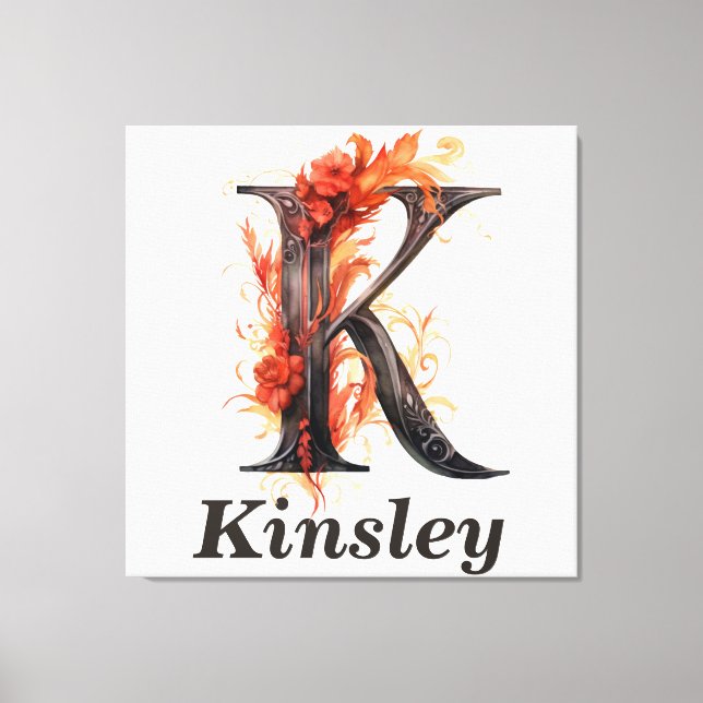 Lienzo Calabaza Halloween Letra K Monograma floral (Anverso)