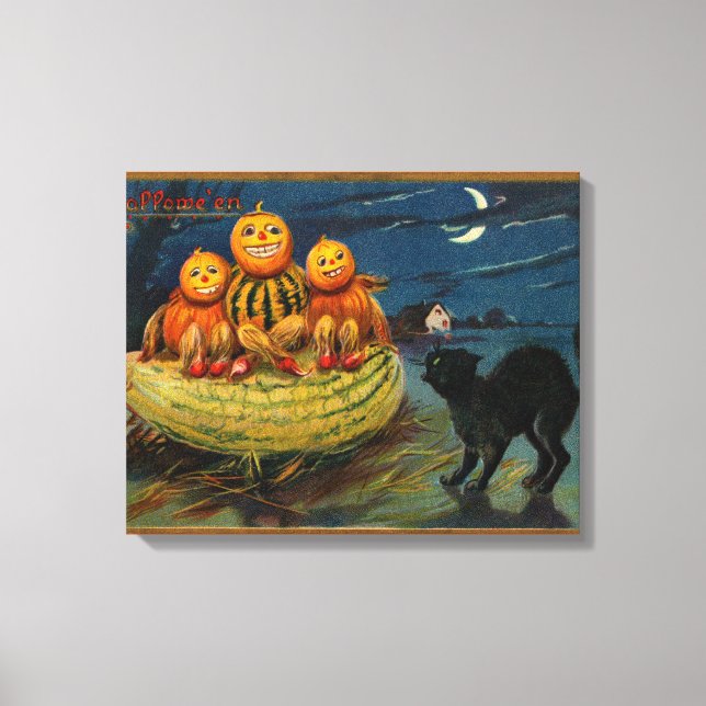 Lienzo Calabazas de Halloween vintage Gato negro (Anverso)