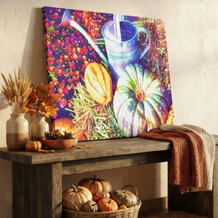 Lienzo Calabazas y flores de otoño rústicas