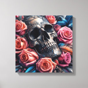 Lienzo Calavera con Rosas y pájaro azul