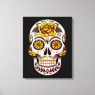 Lienzo Calavera de azúcar de rosa amarilla sobre negro