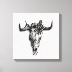 Lienzo Calavera de toro y Rosa blanco y negro