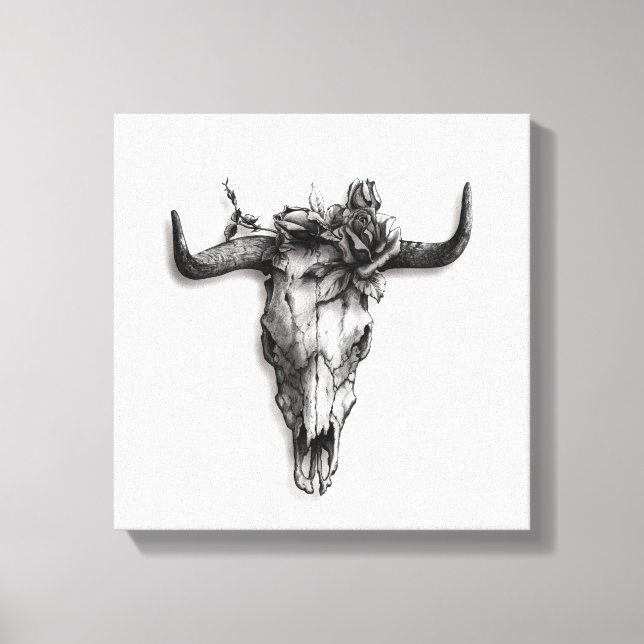 Lienzo Calavera de toro y Rosa blanco y negro (Anverso)