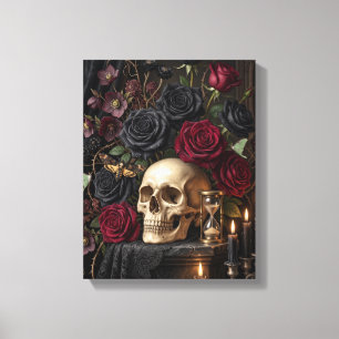 Lienzo Calavera Gótica Rosas Negras Halloween Victoriano