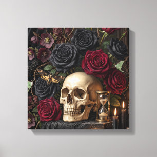Lienzo Calavera Gótica Rosas Negras Halloween Victoriano 
