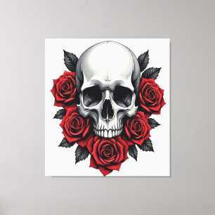 Lienzo Calavera gótica y rosa rojo oscuro