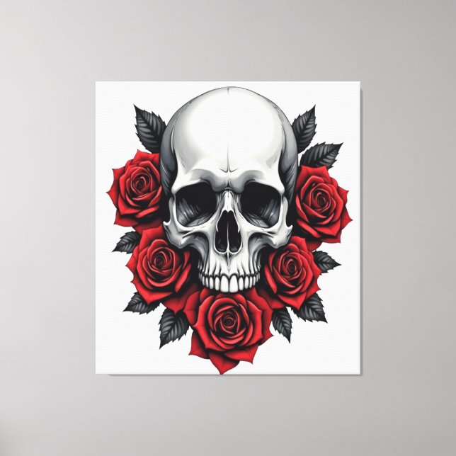 Lienzo Calavera gótica y rosa rojo oscuro (Anverso)