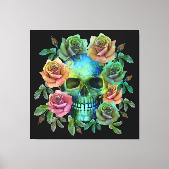 LIENZO CALAVERA VERDE DE LA MUERTE CON FLORES (Anverso)