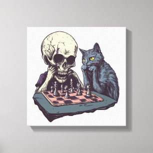 Lienzo Calavera vs Gato � Divertida Batalla de Ajedrez