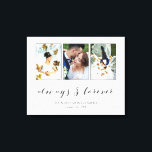 Lienzo Caligrafía Siempre y para siempre Collage de fotos<br><div class="desc">Hermosa impresión de lienzo con un collage de fotos boda con tres de tus fotos dentro de finos marcos grises sobre una huella blanca. Siempre y para siempre escrito en un maravilloso guión de caligrafía gris oscuro. Personaliza con tres fotos bodas,  tus nombres y fecha de boda!</div>