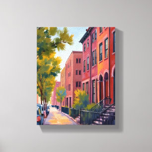 Lienzo Calle de Brownstone en la ciudad   Acuarela de lad