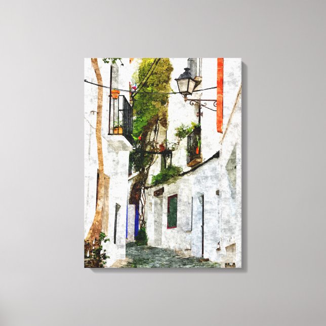 Lienzo Calle estrecha con casas blancas en Cadaqués, Espa (Anverso)