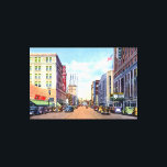 Lienzo Calle principal Akron Ohio 1940<br><div class="desc">Imagen vintage de Main Street en Akron, Ohio alrededor de 1940. Una pieza vintage de americana y nostalgia de la publicidad de viajes retro, un anuncio para la arquitectura arquitectónica capturado en postales. Historia que muestra los monumentos del paisaje urbano, muy coleccionable para el coleccionista de recuerdos y recuerdos de...</div>