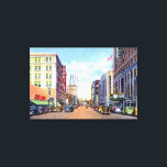 Lienzo Calle principal Akron Ohio 1940<br><div class="desc">Imagen vintage de Main Street en Akron, Ohio alrededor de 1940. Una pieza vintage de americana y nostalgia de la publicidad de viajes retro, un anuncio para la arquitectura arquitectónica capturado en postales. Historia que muestra los monumentos del paisaje urbano, muy coleccionable para el coleccionista de recuerdos y recuerdos de...</div>