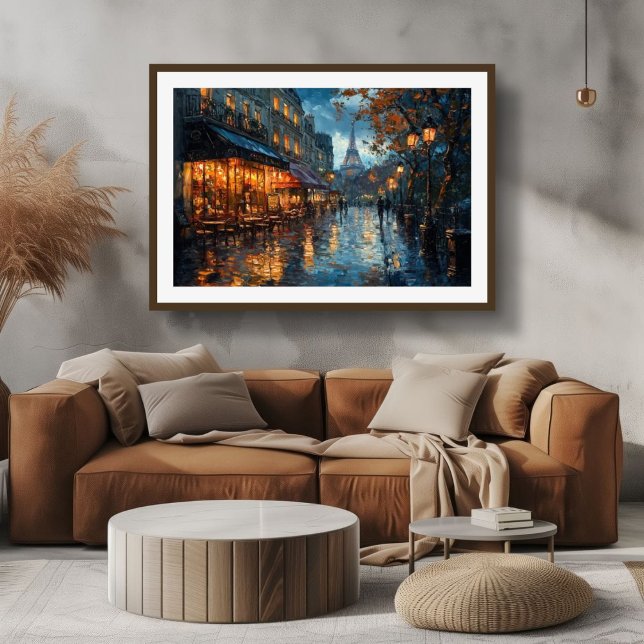 Lienzo Calle Rainy Cobblestone de París (Paris Cafe Wall Art)