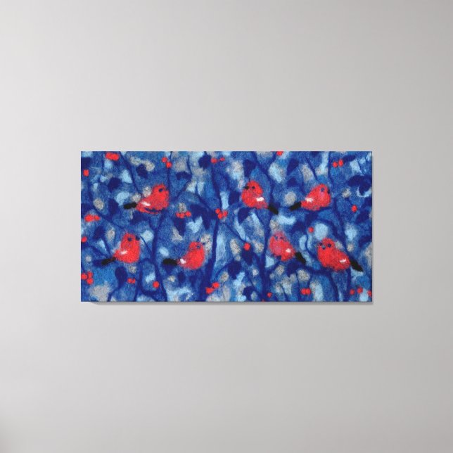 Lienzo Camachuelos, pájaros rojos bosque azul árboles art (Anverso)