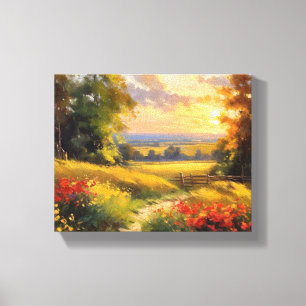 Lienzo Camino a través de un campo de flores al atardecer