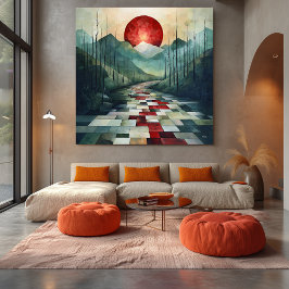 Lienzo Camino abstracto de montaña con sol rojo y geométr