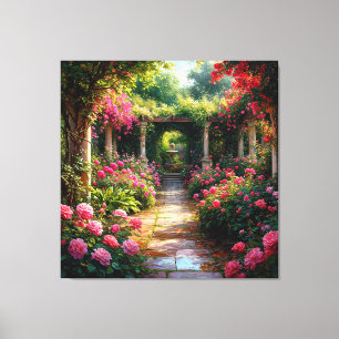 Lienzo Camino de jardín exuberante con rosales