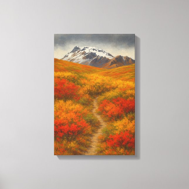 Lienzo Camino de otoño a cumbres nevadas (Anverso)