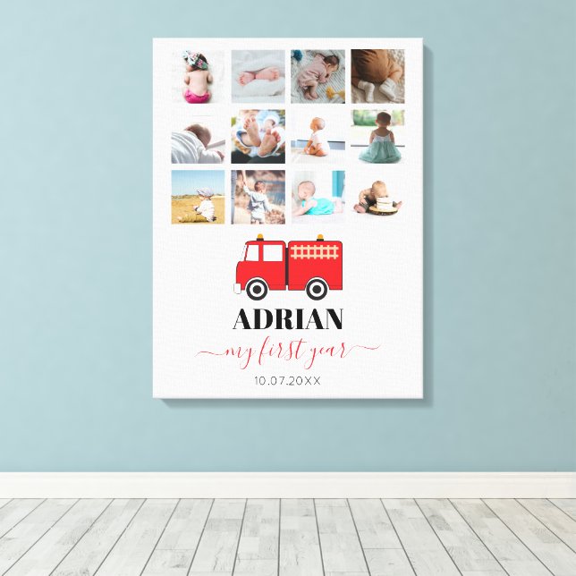 Lienzo Camión rojo de primer año de bebé Collage de fotos (Insitu (piso de madera))