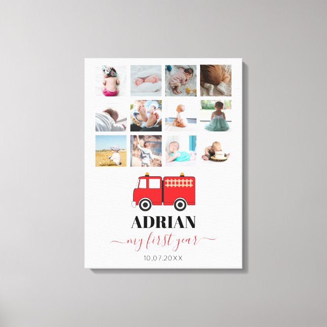 Lienzo Camión rojo de primer año de bebé Collage de fotos (Anverso)