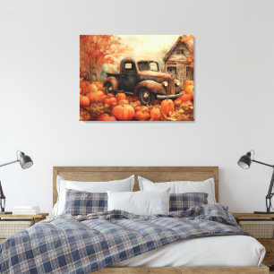 Lienzo Camioneta Vieja Oxidada y Calabazas Otoño 32x24