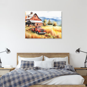Lienzo Camioneta vieja y granero rojo en otoño 32x24