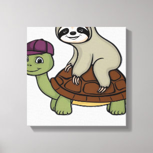 Lienzo Camisa clásica de perezoso montando una tortuga