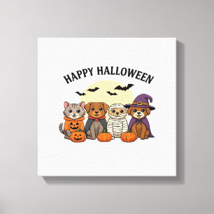 Lienzo Camiseta de Halloween con gatos y perros lindos di