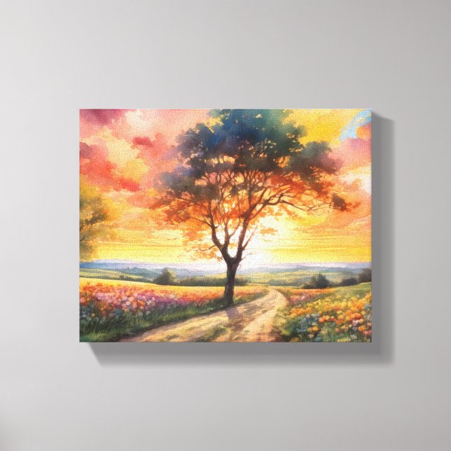 Lienzo Campo de atardecer tranquilo (Anverso)