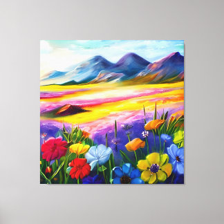 Lienzo Campo de flores silvestres al pie de una montaña