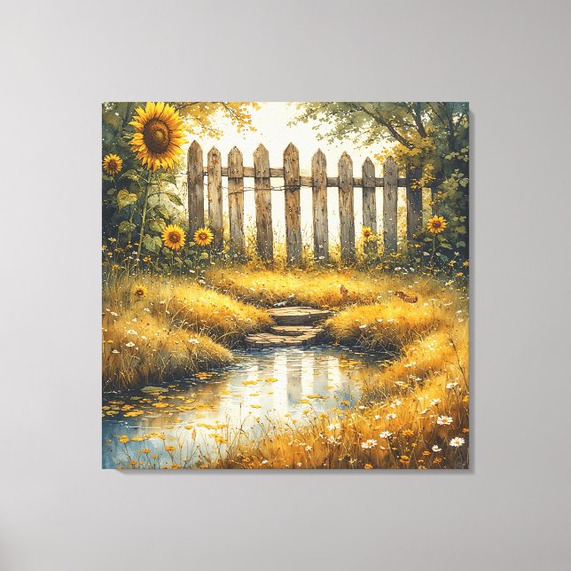 Lienzo Campo de Girasoles con Cerca Rústica (Anverso)
