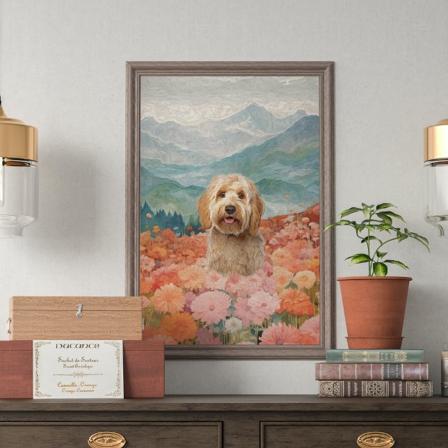 Lienzo Campo de pintura de perro de Doodle de flores aleg (dog lovers, art enthusiasts, creativity, Doodle Dog Painting, Field of Flowers, Joyful Canvas Print,)