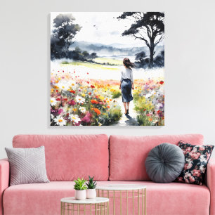Lienzo Campo de Sueños – Mujer de Acuarela en Flores Silv