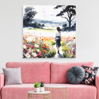 Lienzo Campo de Sueños – Mujer de Acuarela en Flores Silv
