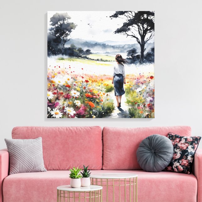 Lienzo Campo de Sueños – Mujer de Acuarela en Flores Silv (Insitu (Sala de estar))