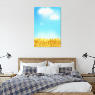 Lienzo Campo de trigo dorado Pintura al óleo cielo azul V