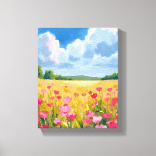 Lienzo Campo Floral de Flores Silvestres Rosadas Pintura 
