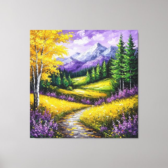 Lienzo Campos amarillos, flores, montañas con nieve (Anverso)