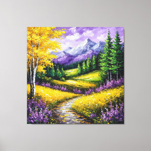 Lienzo Campos amarillos, flores, montañas cubiertas de ni